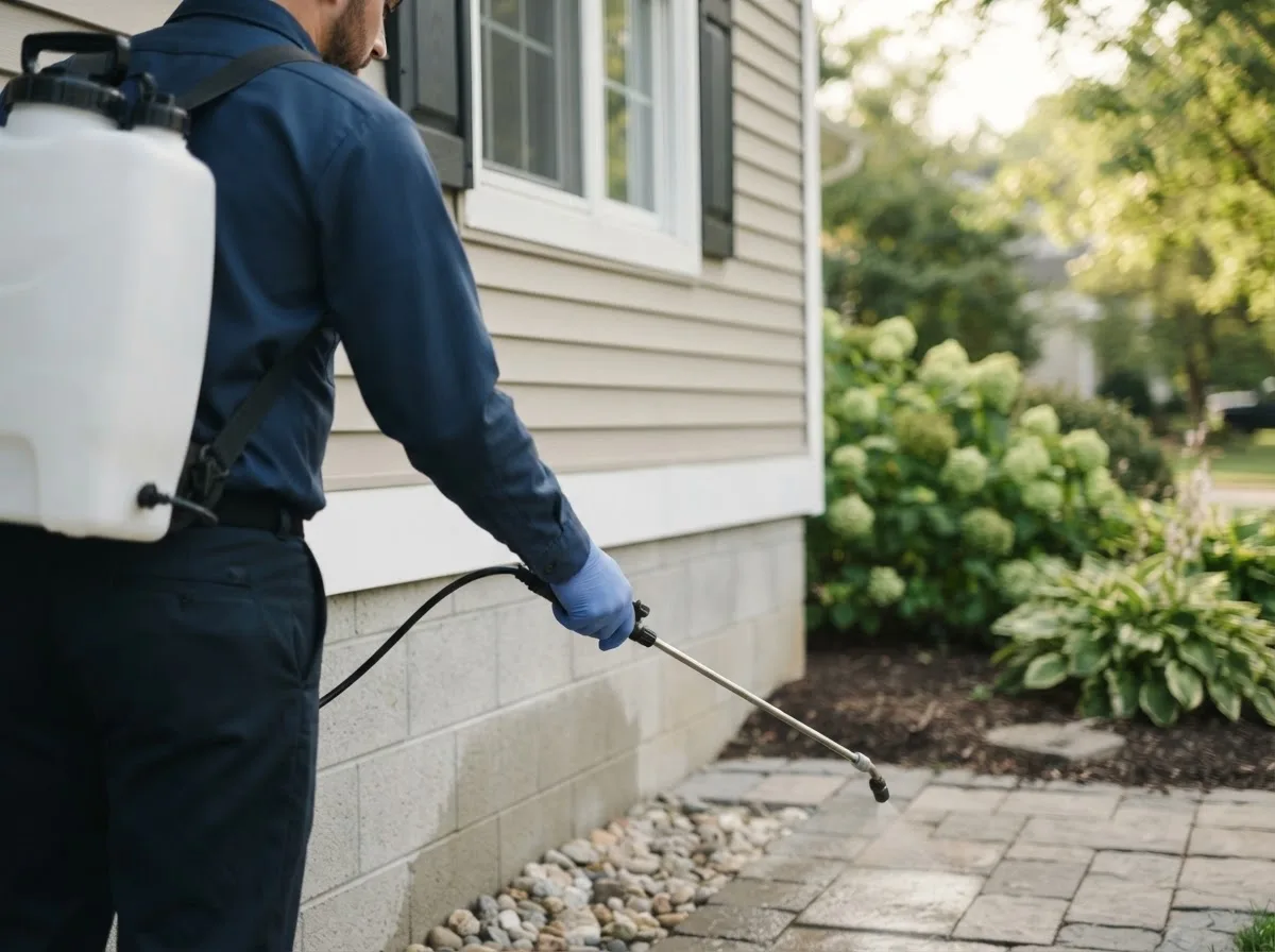 Pest control technician inspecting a home in Palmer, MI
